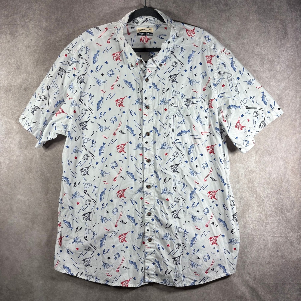 Magellan Fishing Shirt Men 2XL White Classic Fit Short Sleeve Fish Hook Print